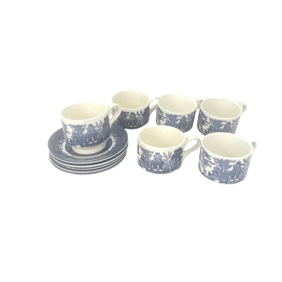 Churchill Ironstone Vintage Blue & White Willow Pattern Cups With Saucers Set Of - Picture 3 of 11